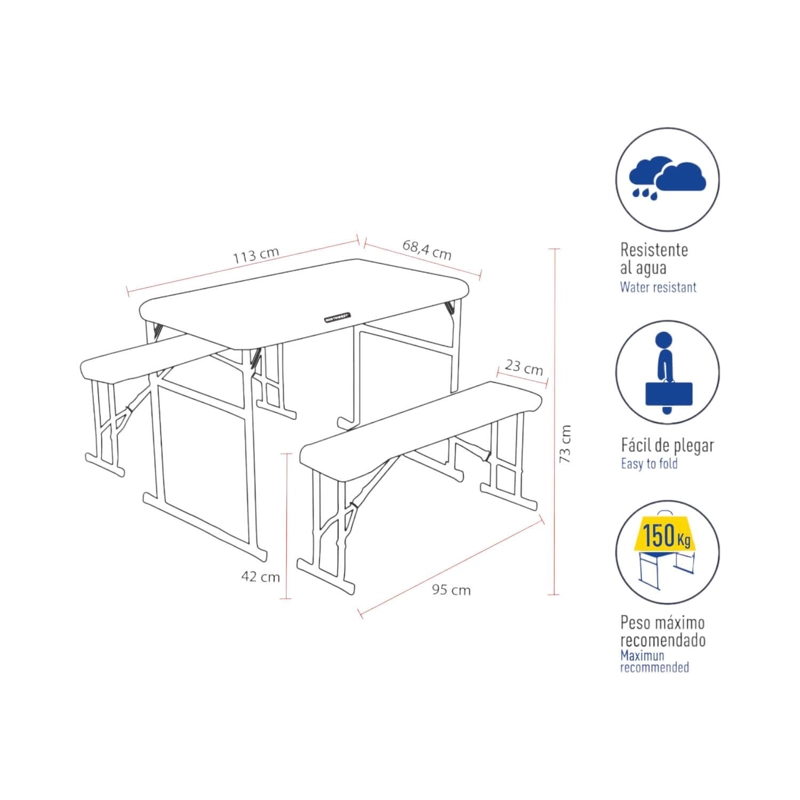SET NORTHWEST NW-SET MESA Y BANCOS PLEGABLES 113X68.5X73CM BLANCA - 3