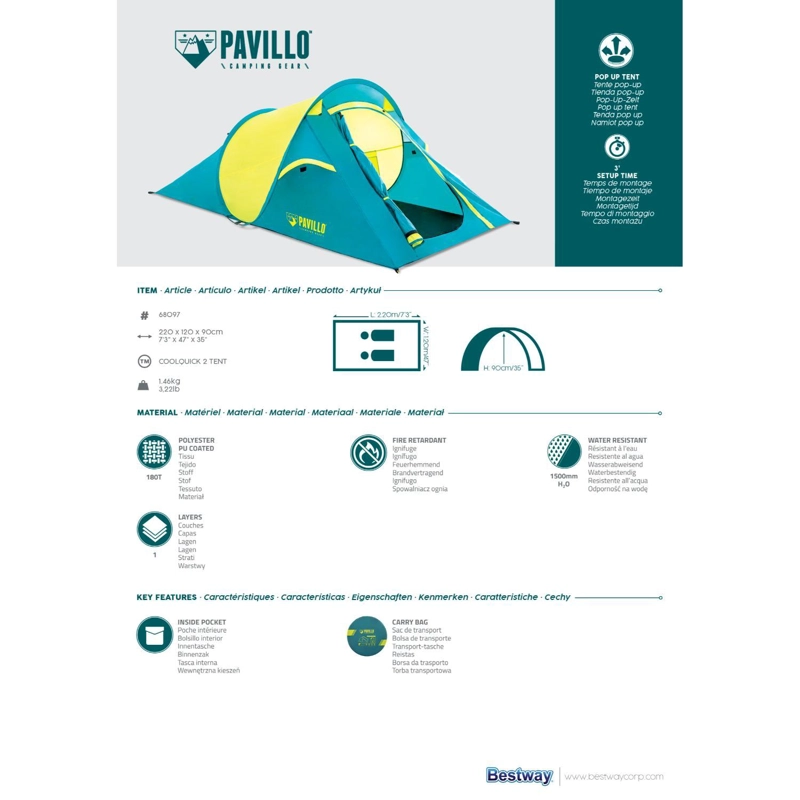 CARPA BESTWAY 68097 POP UP PAVILLO™ 2 PERSONAS 2.20M X 1.20M X 90CM - 7