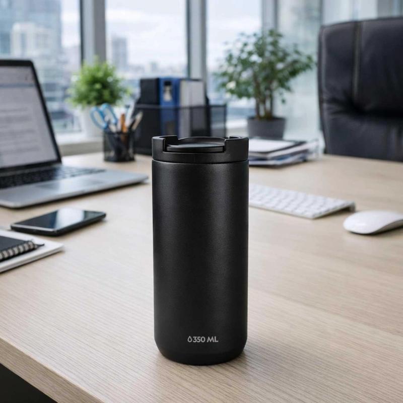 MUG ACERO INOXIDABLE TAPA FLIP ANTIDESLIZANTE 350ML NEGRO - 5