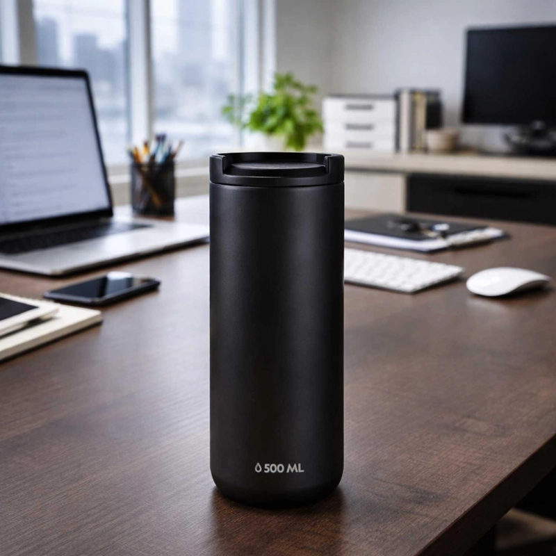 MUG ACERO INOXIDABLE TAPA FLIP ANTIDESLIZANTE 500ML NEGRO - 5