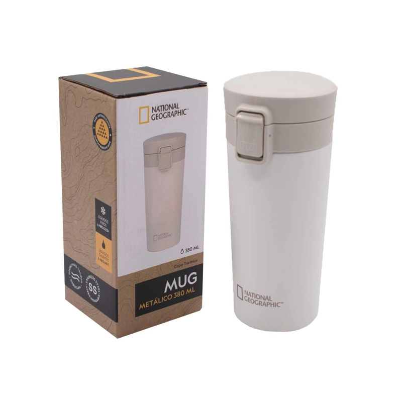 MUG ACERO INOXIDABLE TAPA CON PULSADOR Y ANTIDESLIZANTE 380ML BLANCO - 1