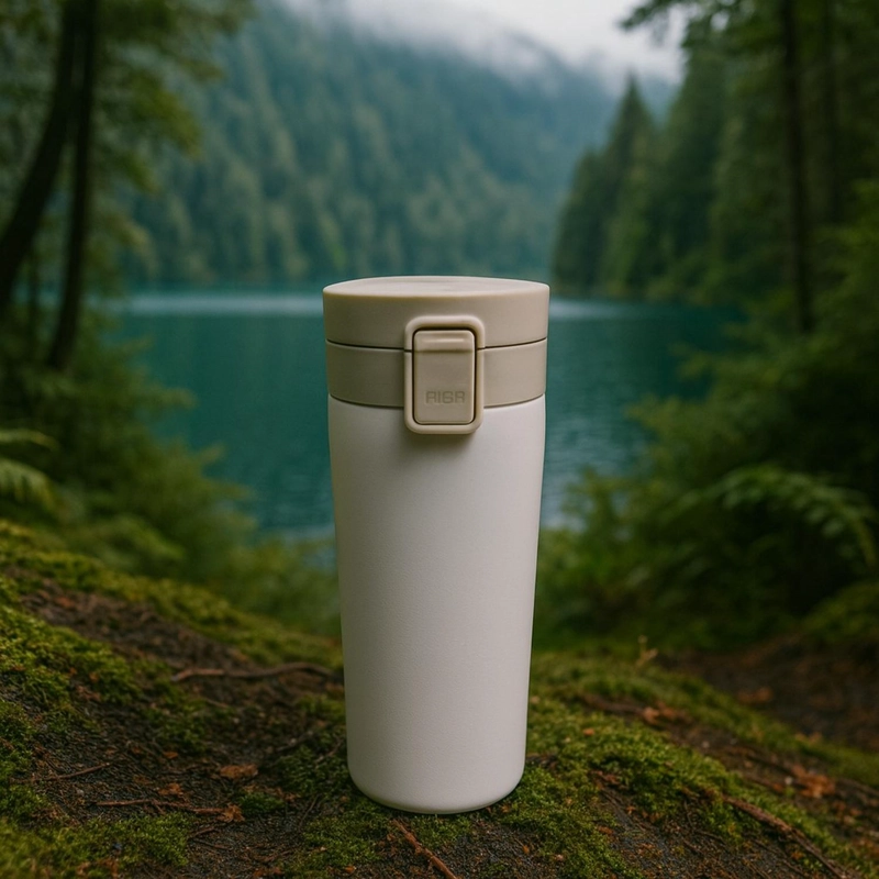 MUG ACERO INOXIDABLE TAPA CON PULSADOR Y ANTIDESLIZANTE 380ML BLANCO - 5