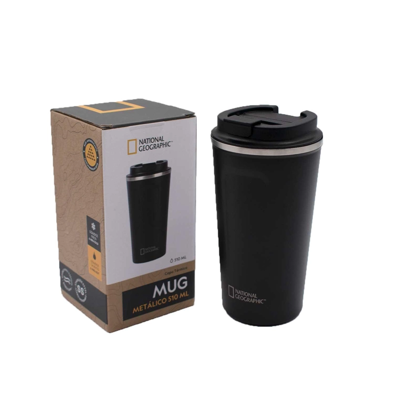 MUG ACERO INOXIDABLE TAPA FLIP ANTIDESLIZANTE 510ML NEGRO - 1