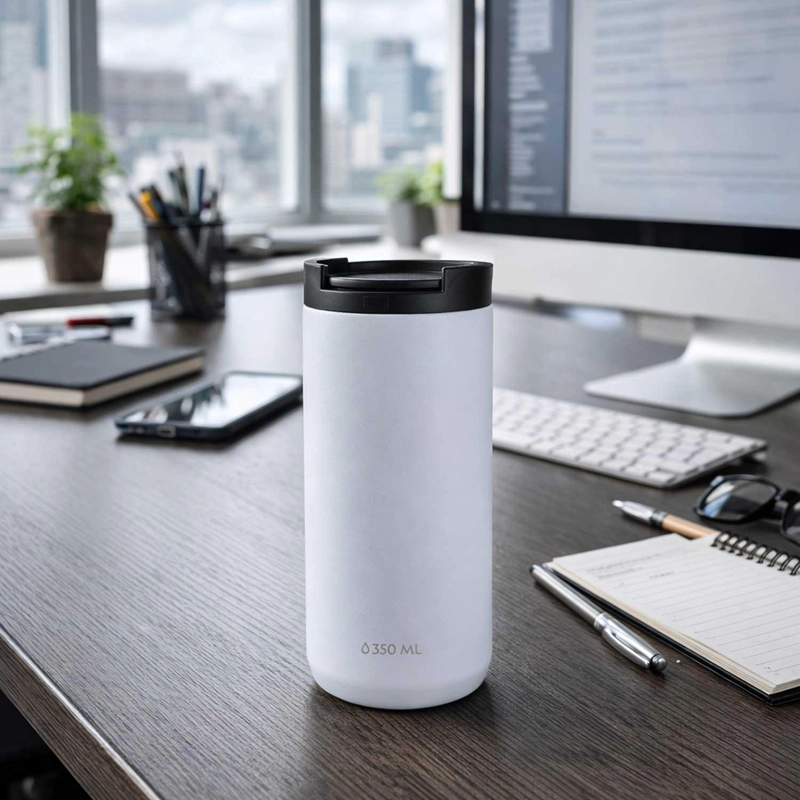 MUG ACERO INOXIDABLE TAPA FLIP ANTIDESLIZANTE 350ML BLANCO - 5