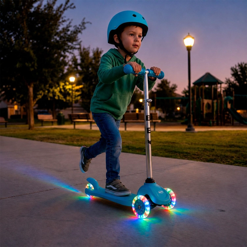 SCOOTER MONOPATIN 3 RUEDAS LUCES BARRA AJUSTABLE 70CM AZUL BEX - 2
