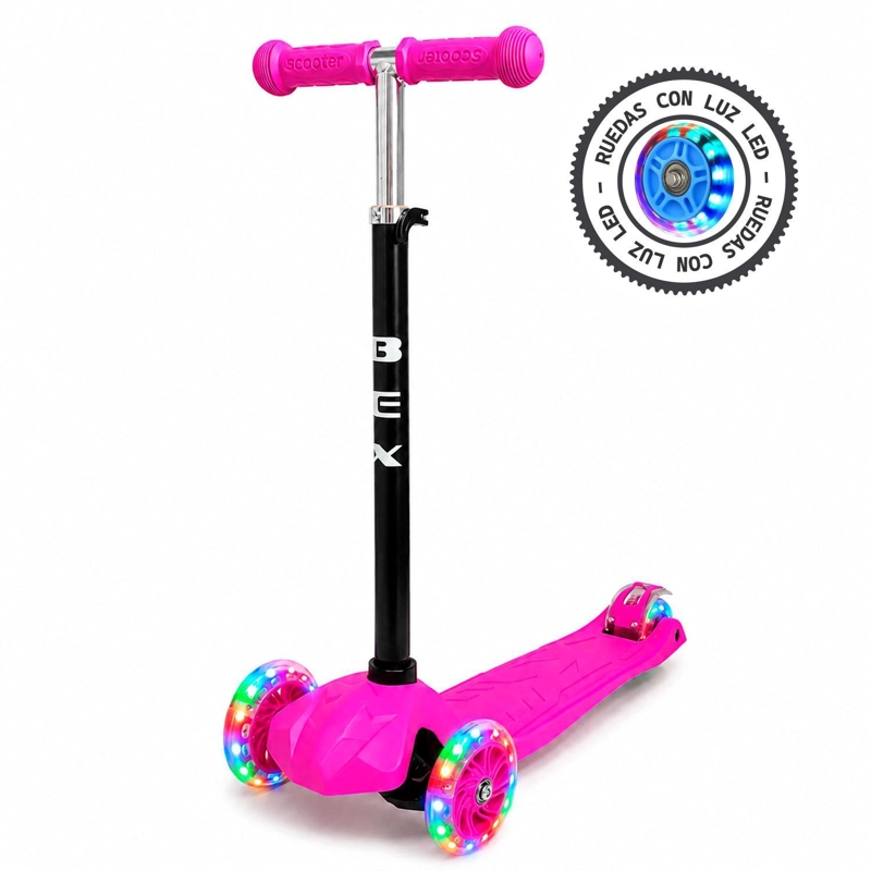 SCOOTER MONOPATIN 3 RUEDAS LUCES BARRA AJUSTABLE 86CM ROSA BEX - 3