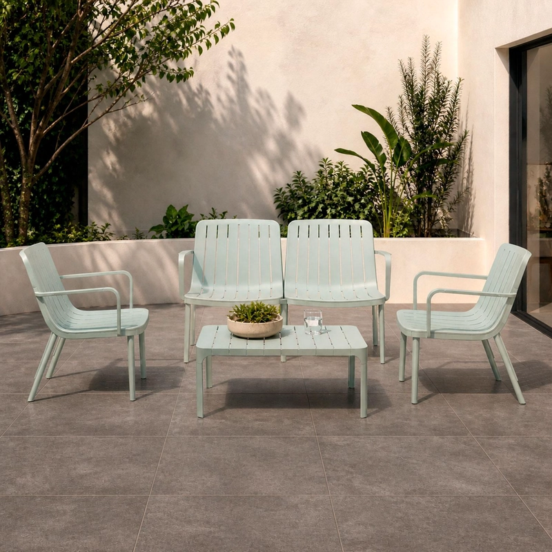 SET JUEGO TERRAZA PLASTICO SILLAS SOFA MESA 4 PERSONAS VERDE - 2