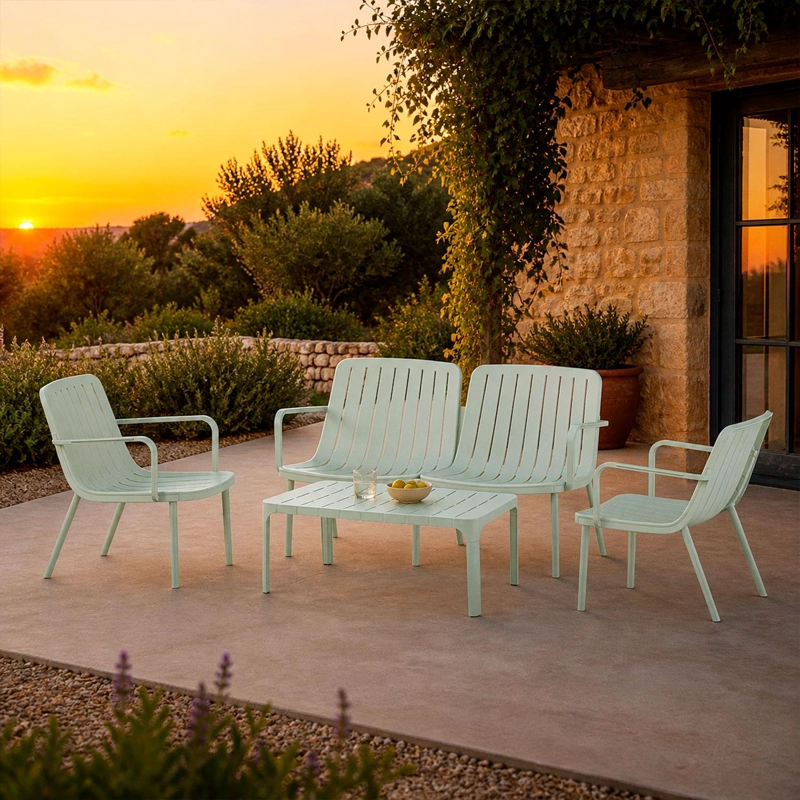 SET JUEGO TERRAZA PLASTICO SILLAS SOFA MESA 4 PERSONAS VERDE - 4