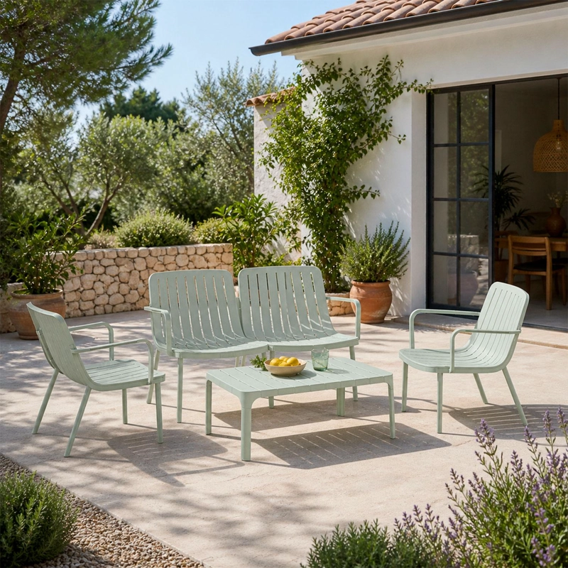 SET JUEGO TERRAZA PLASTICO SILLAS SOFA MESA 4 PERSONAS VERDE - 9