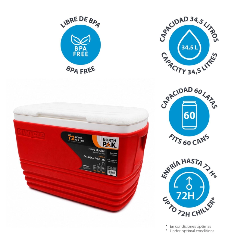 COOLER NEVERA PORTATIL ESKIMO 34.5 LITROS ROJO NORTHPAK - 5