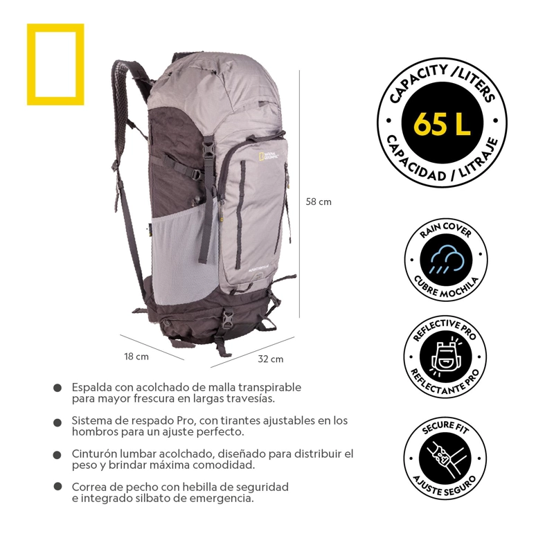 MOCHILA MOUNT KENYA GRIS 65 LITROS NATIONAL GEOGRAPHIC - 7