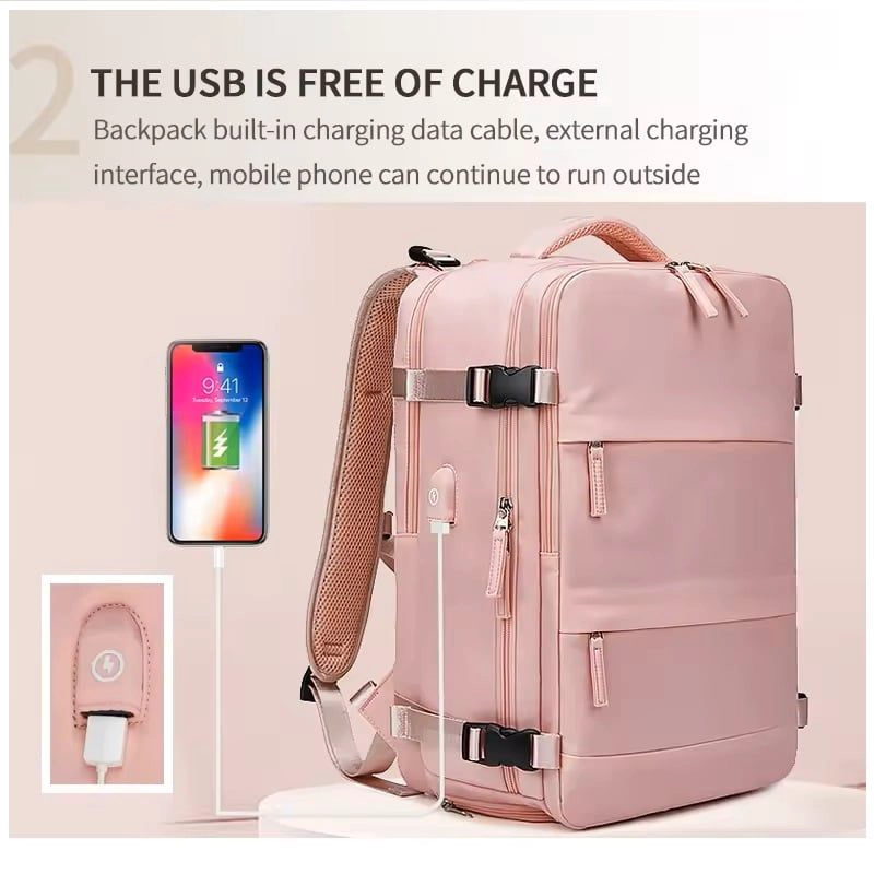 MOCHILA FEMENINA IMPERMEABLE DE GRAN CAPACIDAD 39L CON PUERTO USB RESISTENTE AL AGUA POLIESTER - 7