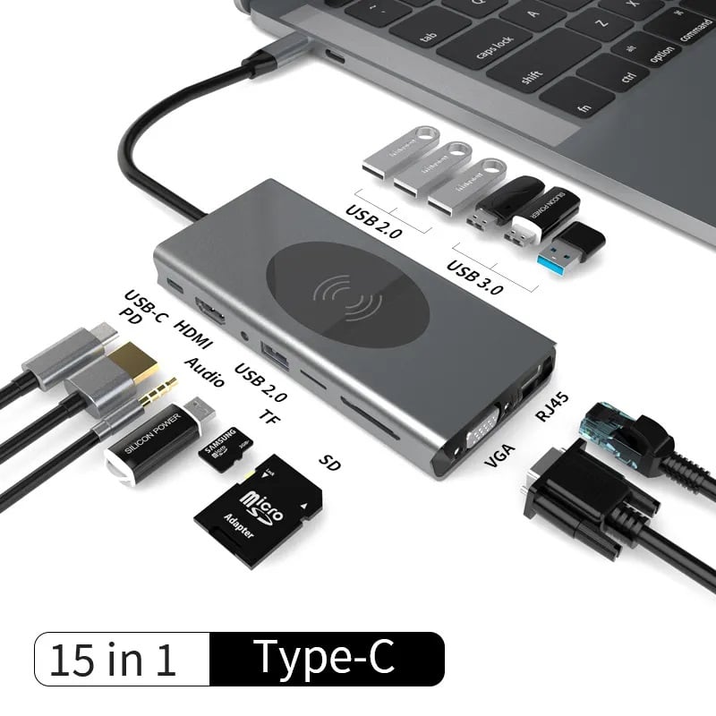 HUB ADAPTADOR USB TIPOC 15 EN 1 PARA MACBOOK Y WINDOWS CARGADOR - 2