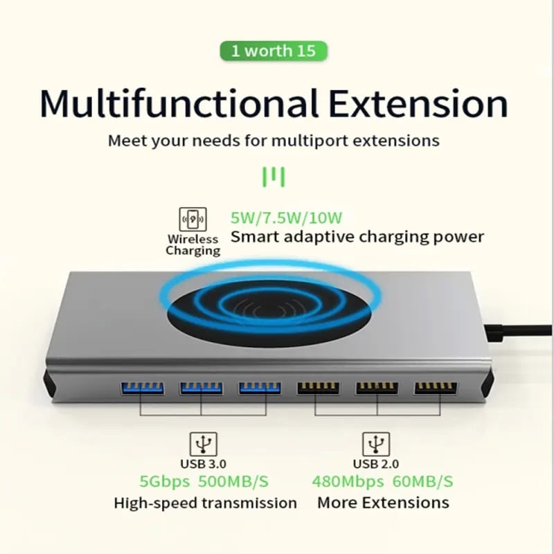 HUB ADAPTADOR USB TIPOC 15 EN 1 PARA MACBOOK Y WINDOWS CARGADOR - 8