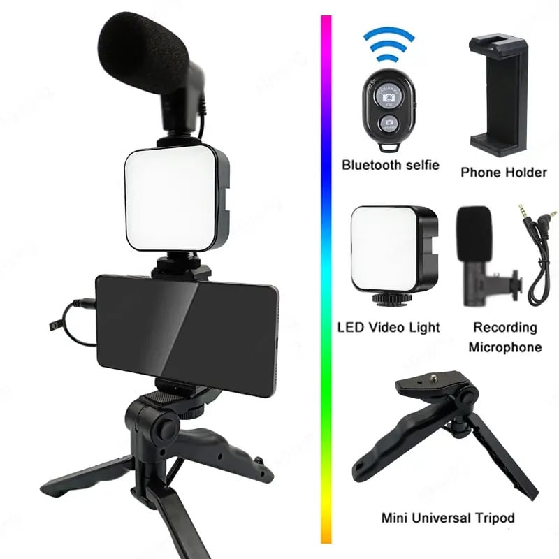 KIT DE GRABACIÓN MICRÓFONO LUZ LED SOPORTE CONTROL REMOTO TRÍPODE - 1