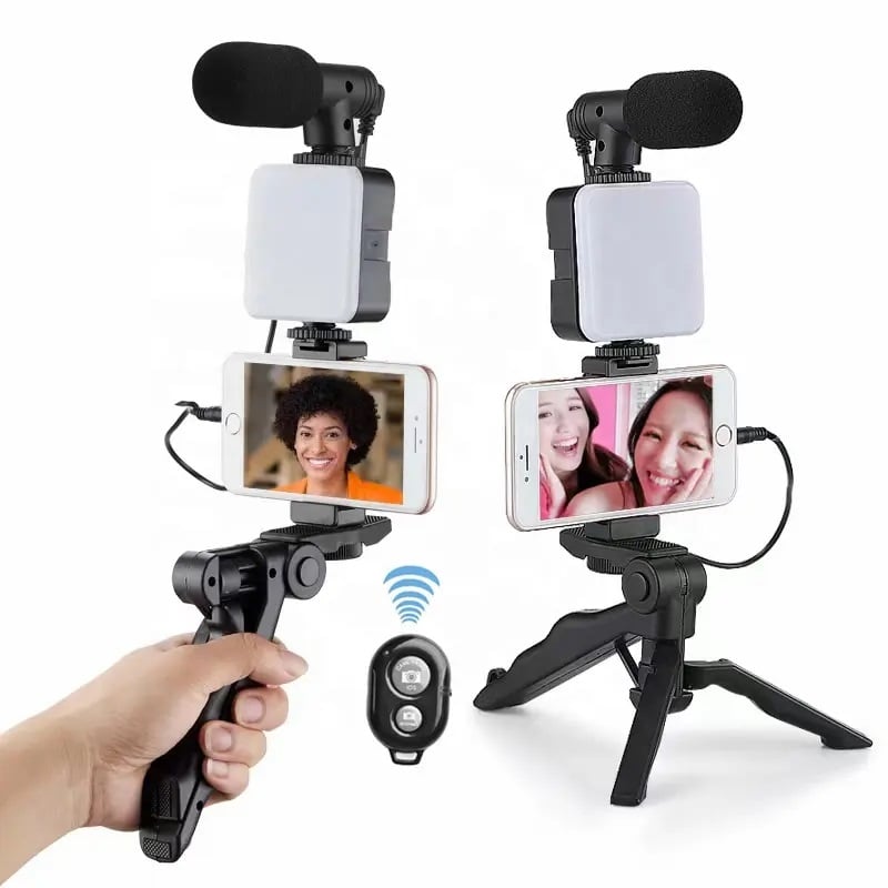 KIT DE GRABACIÓN MICRÓFONO LUZ LED SOPORTE CONTROL REMOTO TRÍPODE - 2