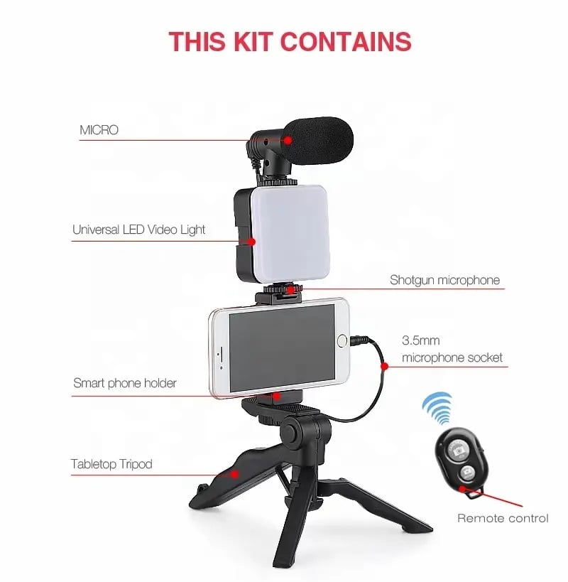 KIT DE GRABACIÓN MICRÓFONO LUZ LED SOPORTE CONTROL REMOTO TRÍPODE - 3