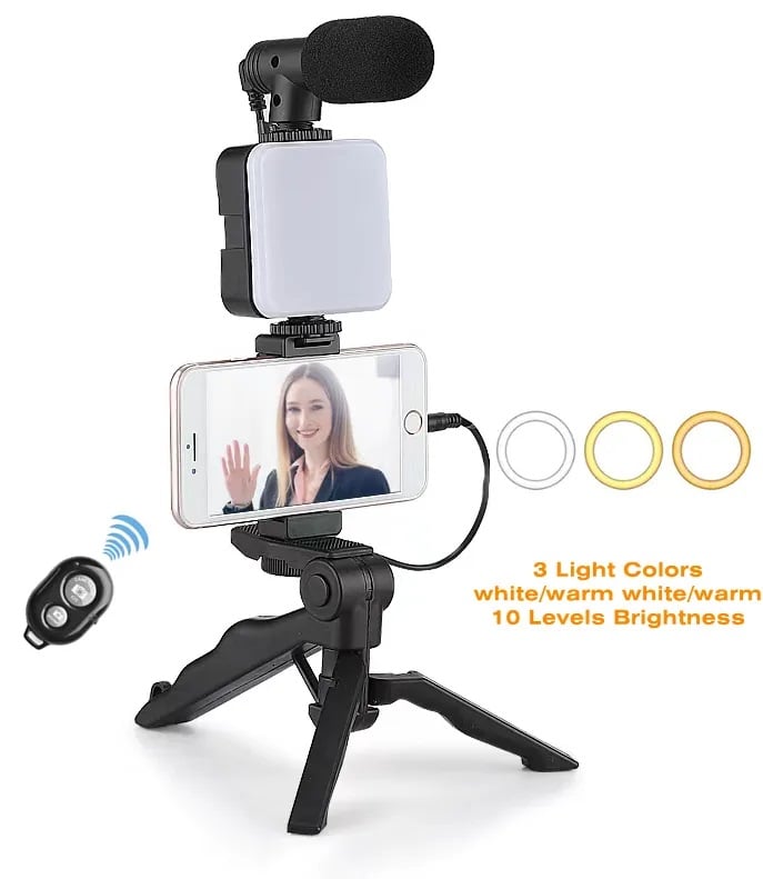 KIT DE GRABACIÓN MICRÓFONO LUZ LED SOPORTE CONTROL REMOTO TRÍPODE - 6