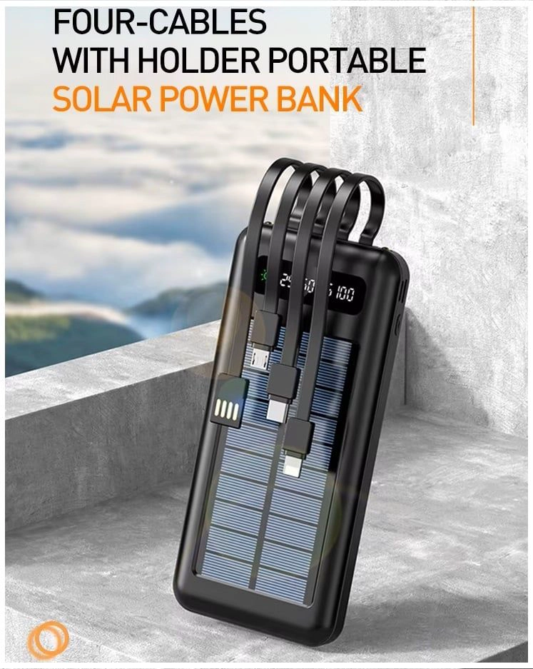 BATERIA PORTATIL POWER BANK SOLAR 20000MAH CABLES INTEGRADOS LUZ LED - 2