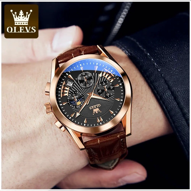 RELOJ CRONOGRAFO DE LUJO PARA HOMBRE CON CORREA DE CUERO CLASICO - 5