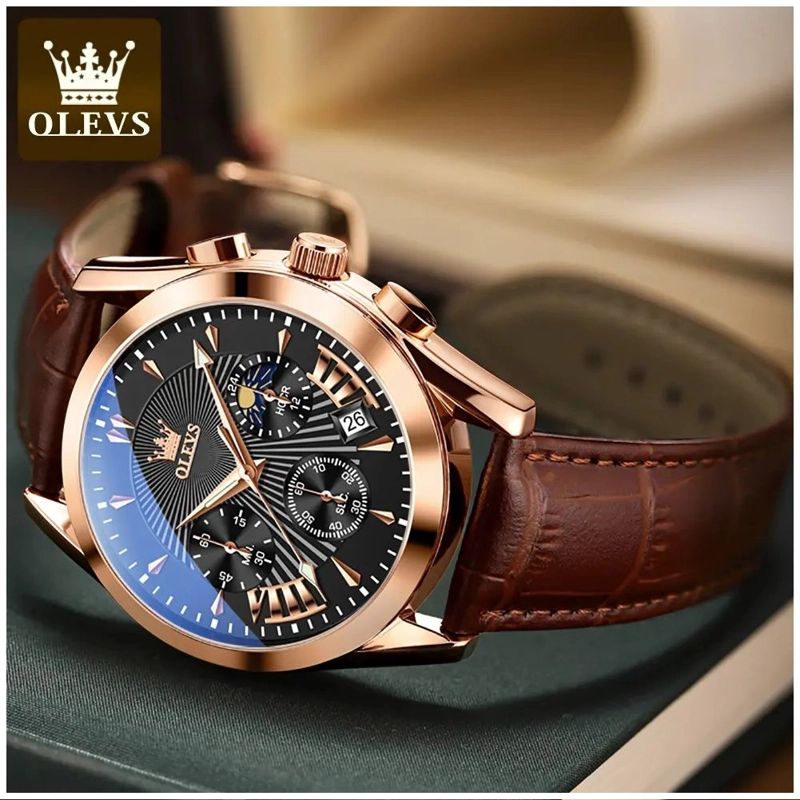 RELOJ CRONOGRAFO DE LUJO PARA HOMBRE CON CORREA DE CUERO CLASICO - 8