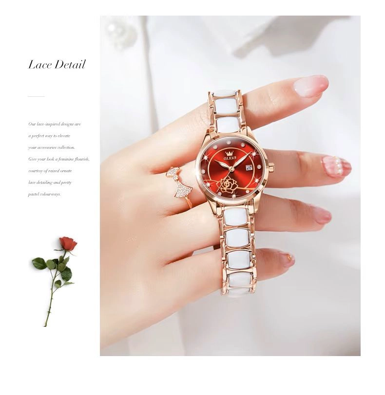 RELOJ DE PULSERA ELEGANTE PARA MUJER ESFERA ROJA CERAMICA BLANCA - 8