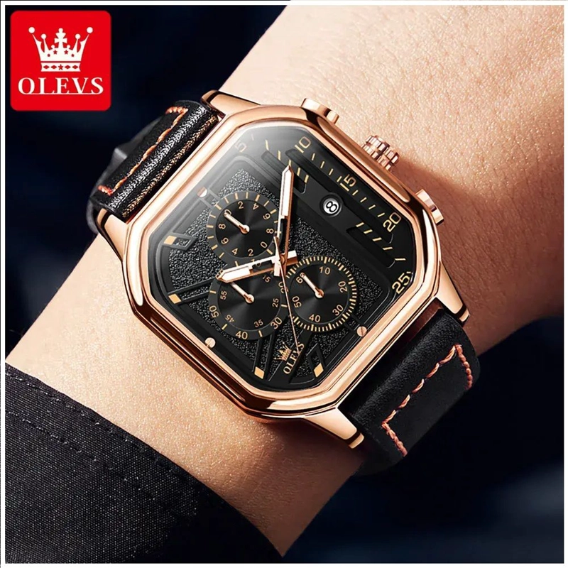 RELOJ DE HOMBRE CUADRADO DE LUJO CON CRONOGRAFO CORREA DE CUERO - 3