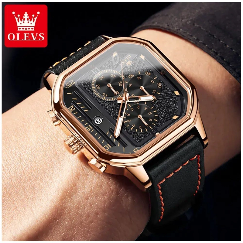 RELOJ DE HOMBRE CUADRADO DE LUJO CON CRONOGRAFO CORREA DE CUERO - 4