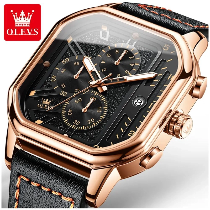 RELOJ DE HOMBRE CUADRADO DE LUJO CON CRONOGRAFO CORREA DE CUERO - 5