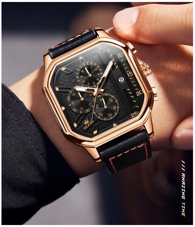 RELOJ DE HOMBRE CUADRADO DE LUJO CON CRONOGRAFO CORREA DE CUERO - 6