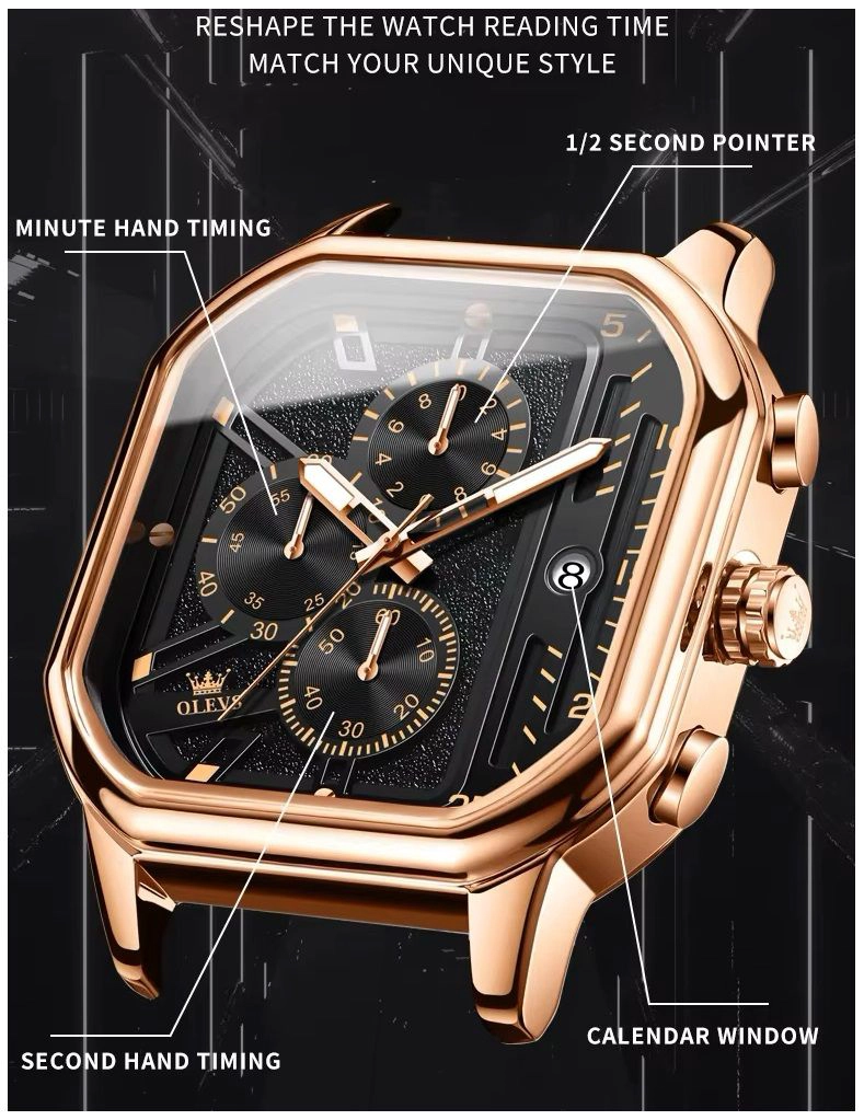 RELOJ DE HOMBRE CUADRADO DE LUJO CON CRONOGRAFO CORREA DE CUERO - 7