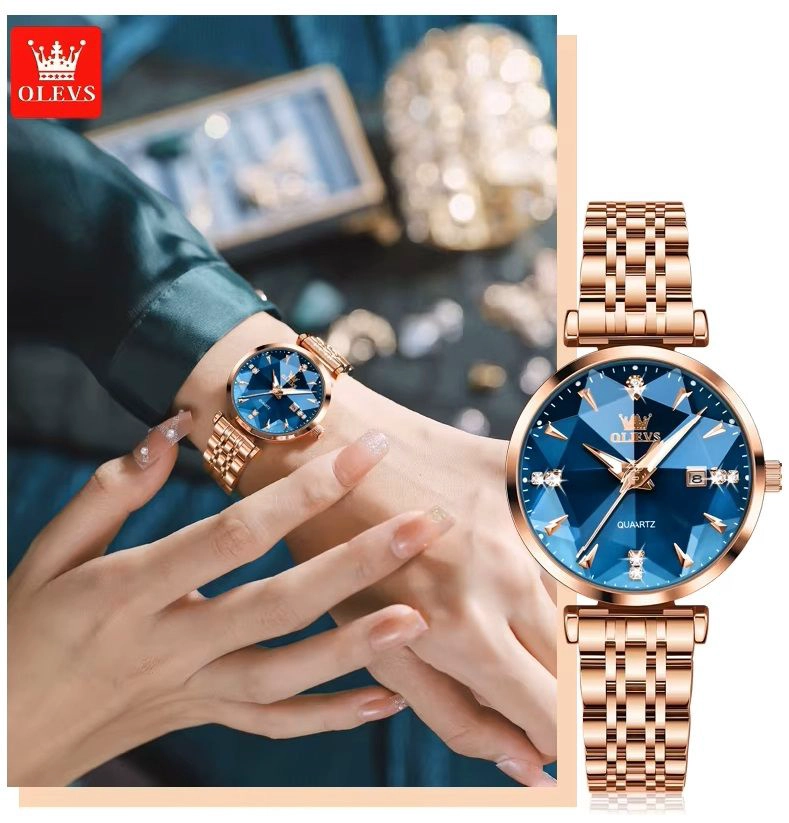 RELOJ DE CUARZO MUJER CON ESFERA AZUL FACETADA CRISTALES BRILLANTES - 4