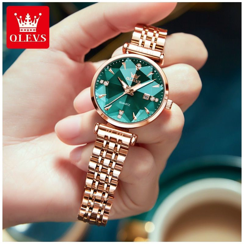 RELOJ DE CUARZO PARA MUJER ESFERA VERDE ESMERALDA DETALLES DE CRISTAL - 1