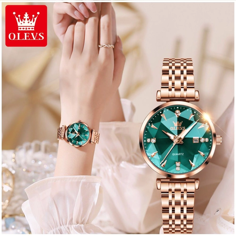 RELOJ DE CUARZO PARA MUJER ESFERA VERDE ESMERALDA DETALLES DE CRISTAL - 5