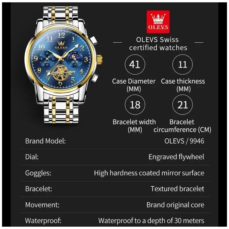 RELOJ CRONOGRAFO DE LUJO PARA HOMBRE CON FASE LUNAR MOVIMIENTO CUARZO - 6