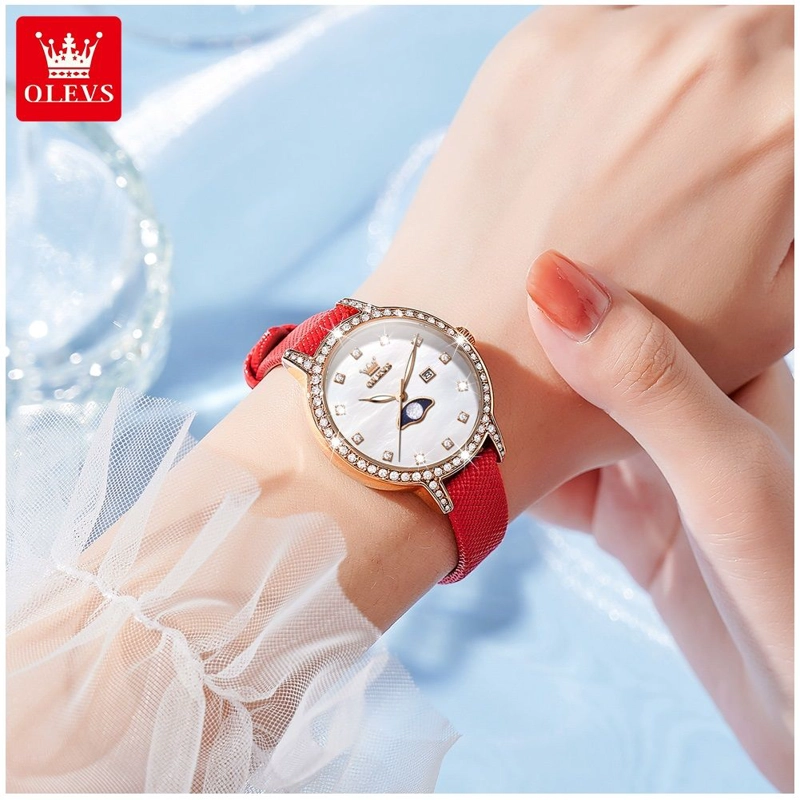RELOJ DE PULSERA MUJER ELEGANTE CON FASE LUNAR Y CORREA DE CUERO ROJO - 1