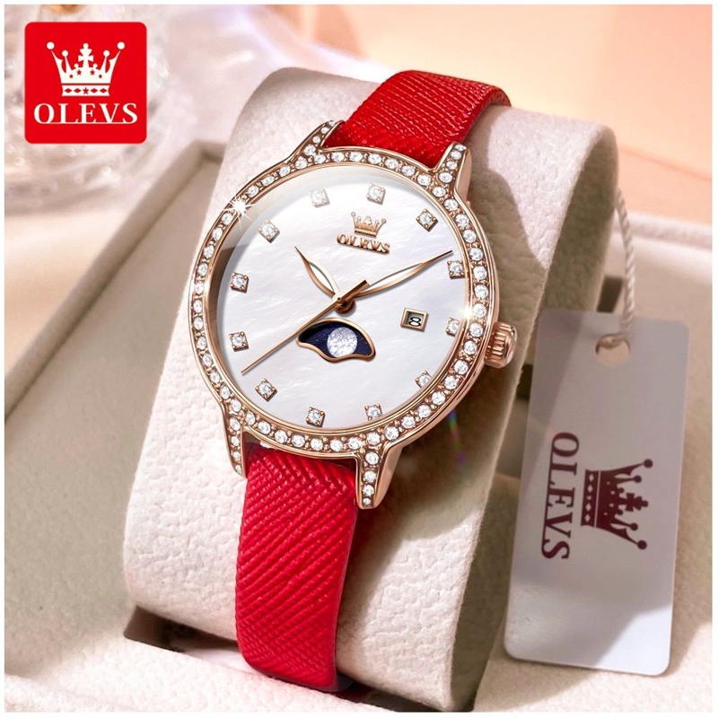 RELOJ DE PULSERA MUJER ELEGANTE CON FASE LUNAR Y CORREA DE CUERO ROJO - 2