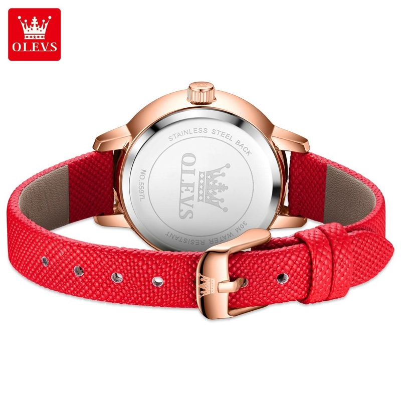 RELOJ DE PULSERA MUJER ELEGANTE CON FASE LUNAR Y CORREA DE CUERO ROJO - 3