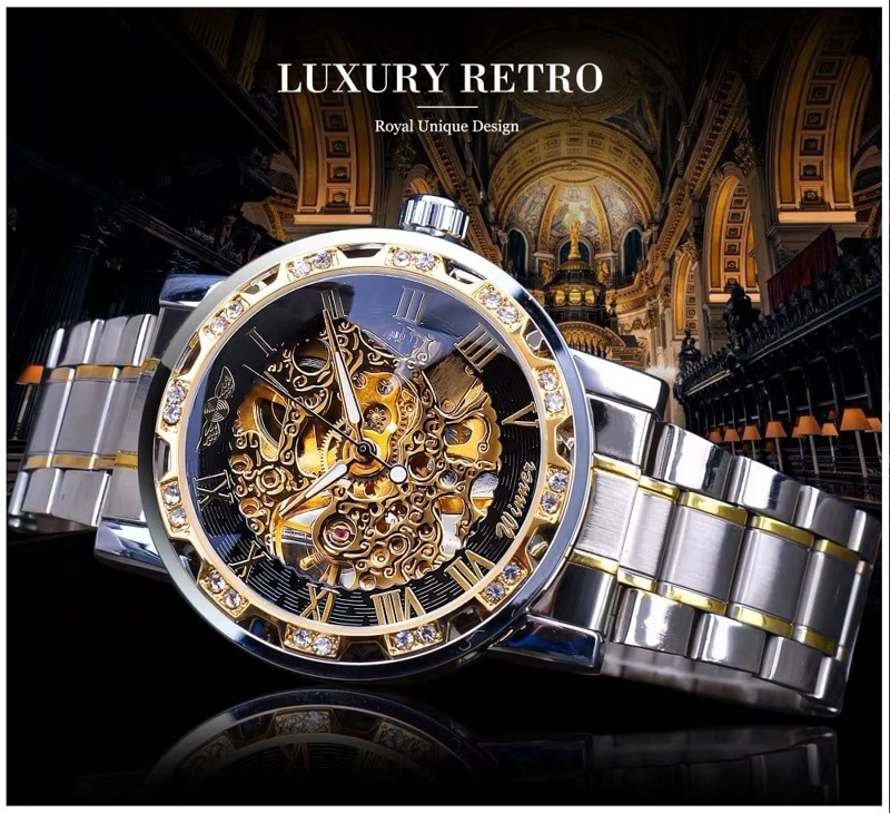 RELOJ MECANICO AUTOMATICO WINNER DE LUJO CORREA ACERO INOXIDABLE CRISTALES DECORATIVOS HARDLEX - 6