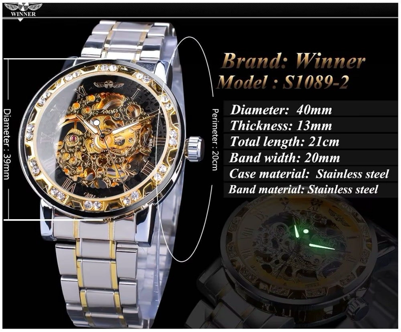 RELOJ MECANICO AUTOMATICO WINNER DE LUJO CORREA ACERO INOXIDABLE CRISTALES DECORATIVOS HARDLEX - 7