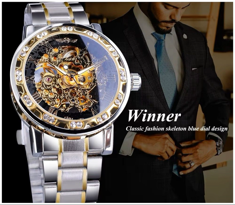 RELOJ MECANICO AUTOMATICO WINNER DE LUJO CORREA ACERO INOXIDABLE CRISTALES DECORATIVOS HARDLEX - 8