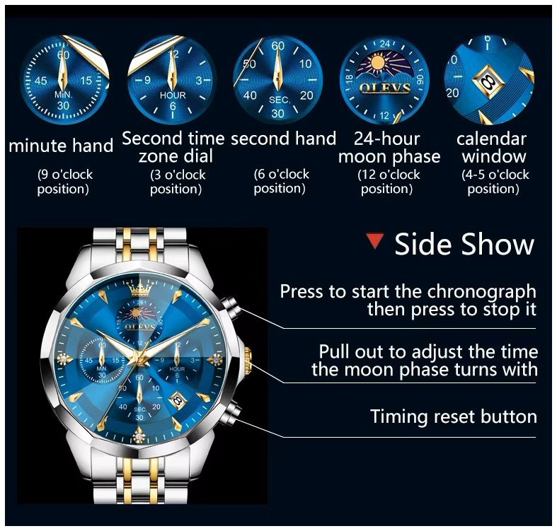 RELOJ DE PULSERA HOMBRE ACERO INOXIDABLE AZUL CON CRONOGRAFO - 4