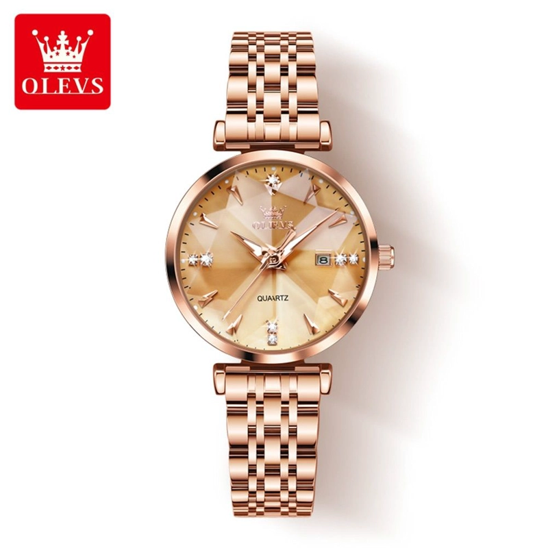RELOJ CUARZO PARA MUJER ESFERA DORADA FACETADA CRISTALES BRILLANTES - 1