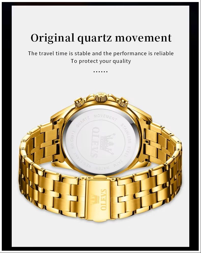 RELOJ DE PULSERA PARA HOMBRE CLASICO DE LUJO ACERO INOXIDABLE DORADO - 6