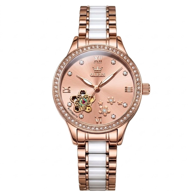 RELOJ AUTOMATICO MUJER ELEGANTE 32MM ACERO INOXIDABLE Y CERAMICA DISEÑO FLORAL CRISTALES DECORATIVOS - 1
