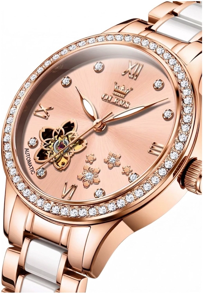RELOJ AUTOMATICO MUJER ELEGANTE 32MM ACERO INOXIDABLE Y CERAMICA DISEÑO FLORAL CRISTALES DECORATIVOS - 3