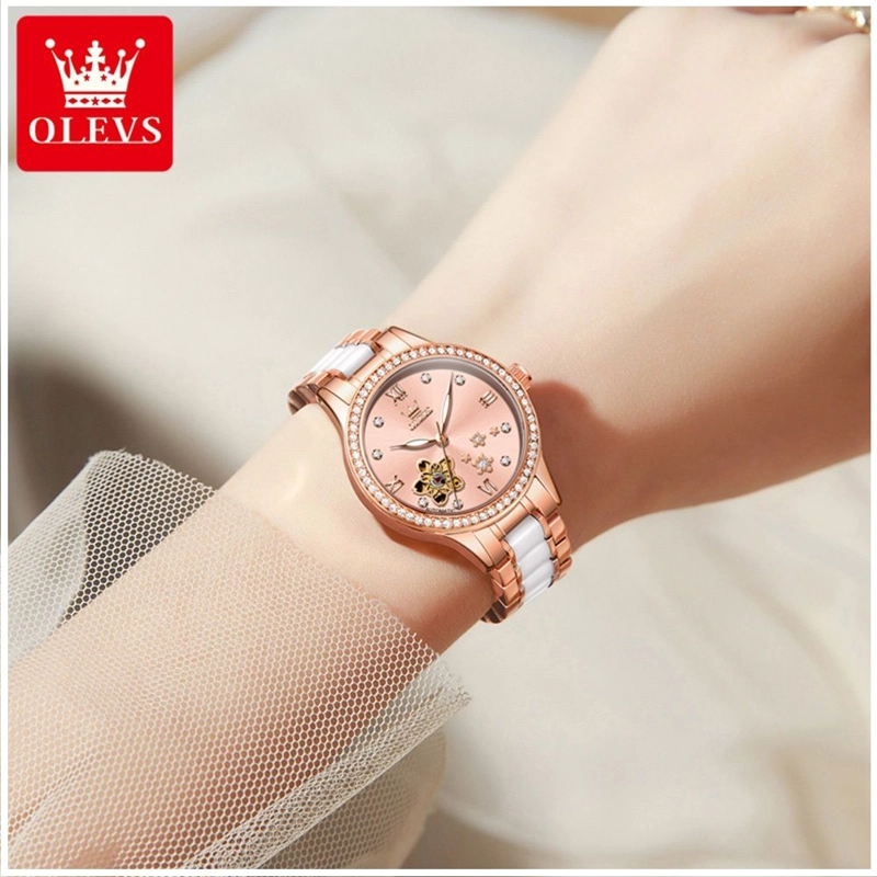 RELOJ AUTOMATICO MUJER ELEGANTE 32MM ACERO INOXIDABLE Y CERAMICA DISEÑO FLORAL CRISTALES DECORATIVOS - 4