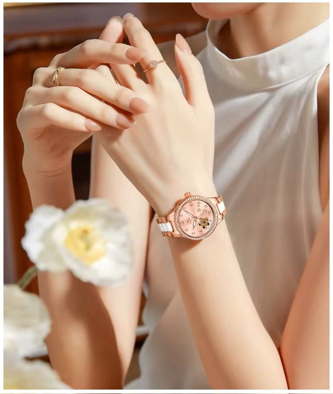 RELOJ AUTOMATICO MUJER ELEGANTE 32MM ACERO INOXIDABLE Y CERAMICA DISEÑO FLORAL CRISTALES DECORATIVOS - 5