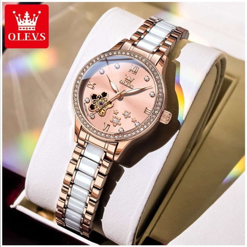 RELOJ AUTOMATICO MUJER ELEGANTE 32MM ACERO INOXIDABLE Y CERAMICA DISEÑO FLORAL CRISTALES DECORATIVOS - 7