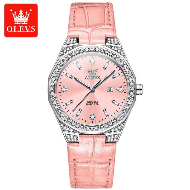 RELOJ DE CUARZO PARA MUJER CORREA DE CUERO ROSA ESFERA DE CRISTALES - 1